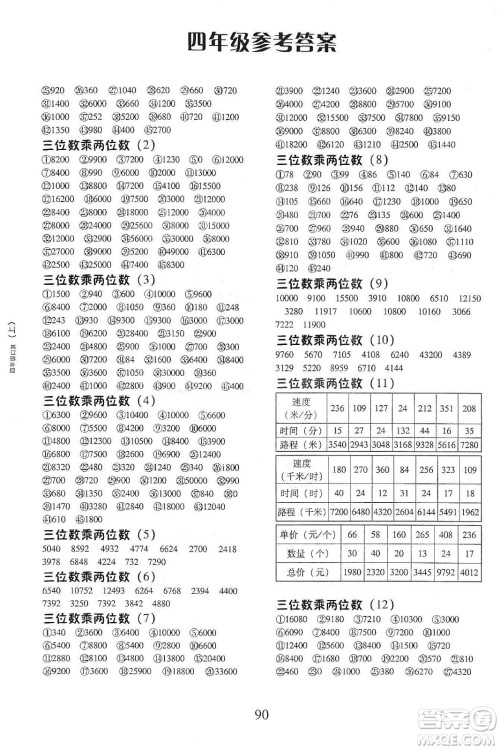 本土好学生2019每日十分钟口算心速算天天练小学数学四年级上册人教版答案