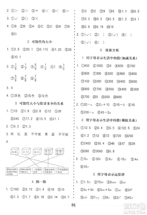 河北大学出版社2019五E口算题卡五年级上册人教版答案