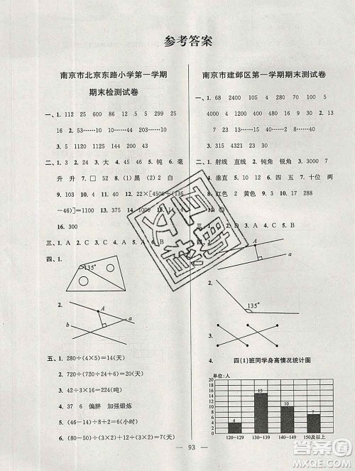 2019年超能学典各地期末试卷精选四年级数学上册江苏版答案