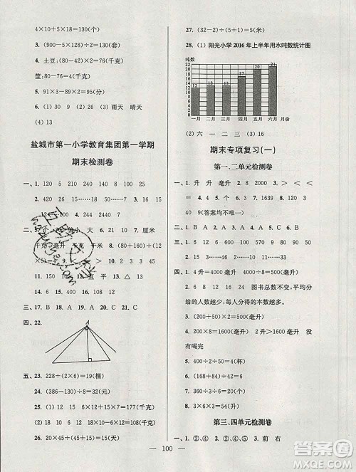 2019年超能学典各地期末试卷精选四年级数学上册江苏版答案