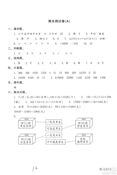 浙江教育出版社2019新编单元能力训练卷四年级数学上册答案