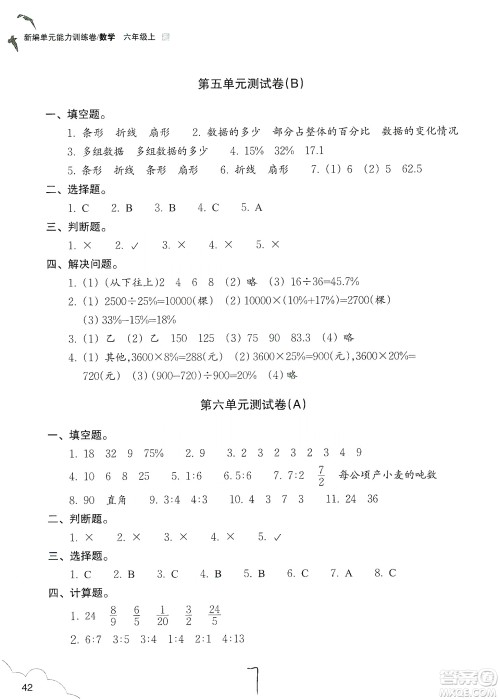 浙江教育出版社2019新编单元能力训练卷六年级数学上册答案