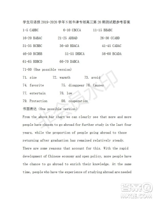 学生双语报2019-2020学年N版牛津专版高三第20期测试题参考答案