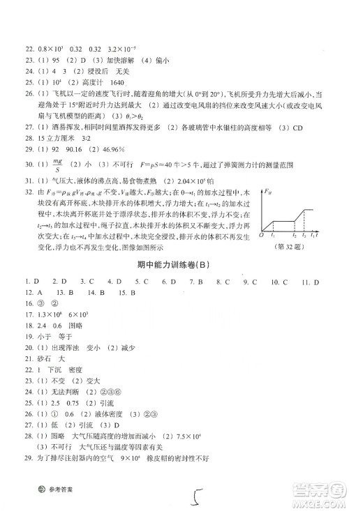 浙江教育出版社2019新编单元能力训练卷八年级科学上册答案