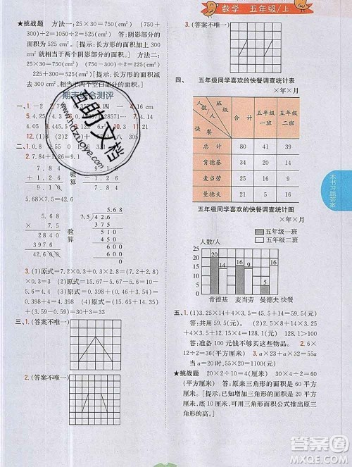 吉林人民出版社2019年小学教材全解读五年级数学上册江苏版答案