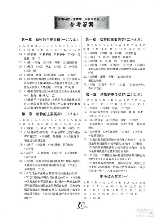 山东人民出版社2019初中单元测试卷八年级生物学上册54学制鲁科版答案 山东人民出版社2019初中单元测试卷八年级生物学上册54学制鲁科版答案