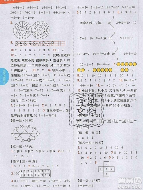 吉林人民出版社2019年小学教材全解读一年级数学上册人教版答案