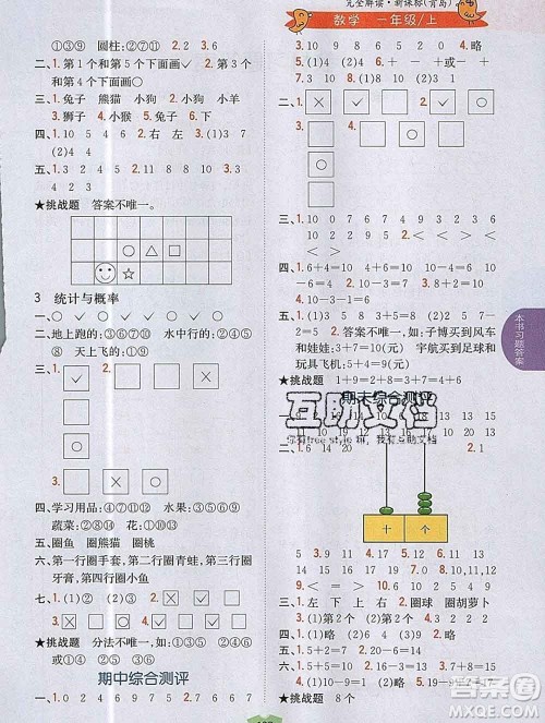 吉林人民出版社2019年小学教材全解读一年级数学上册青岛版答案