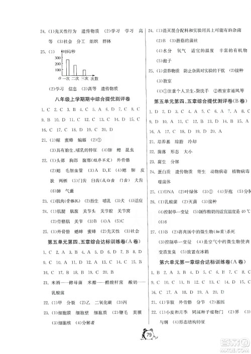 山东人民出版社2019初中单元测试卷八年级生物学上册人教版答案 山东人民出版社2019初中单元测试卷八年级生物学上册人教版答案