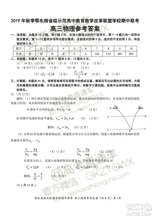 2019秋季鄂东南省级示范高中教育教学改革联盟高三期中联考物理试题及答案