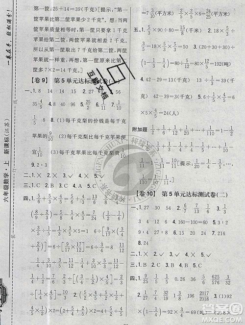 2019年小学教材完全考卷六年级数学上册江苏版答案