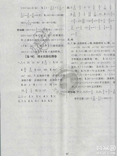 2019年小学教材完全考卷六年级数学上册江苏版答案