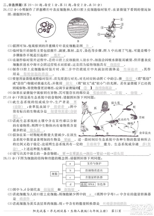 江西高校出版社2019阳光试卷单元测试卷七年级生物上册人教版答案