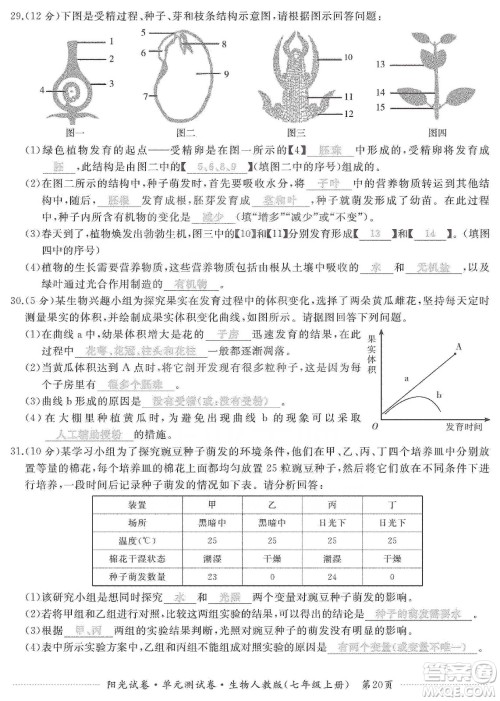 江西高校出版社2019阳光试卷单元测试卷七年级生物上册人教版答案