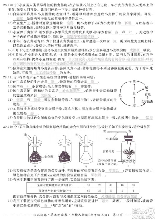 江西高校出版社2019阳光试卷单元测试卷七年级生物上册人教版答案