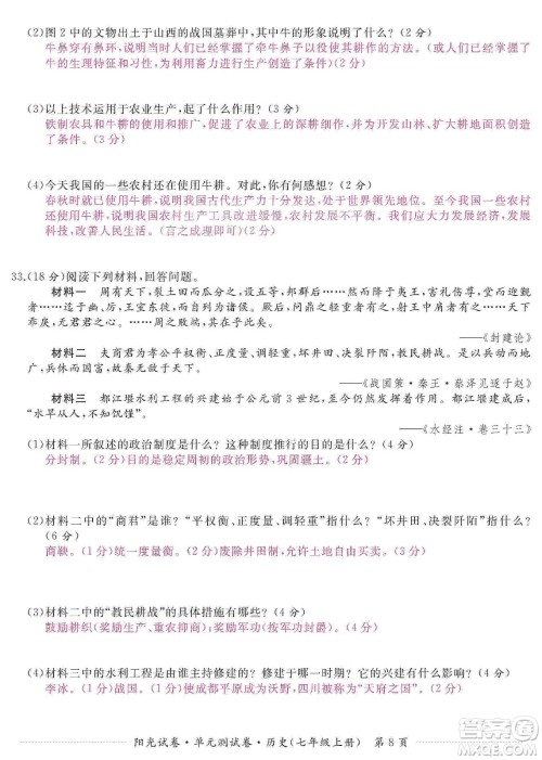 江西高校出版社2019阳光试卷单元测试卷七年级历史上册人教版答案