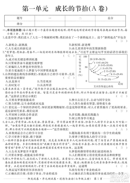 江西高校出版社2019阳光试卷单元测试卷七年级道德与法治上册人教版答案