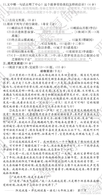 江西高校出版社2019阳光试卷单元测试卷七年级语文上册人教版答案