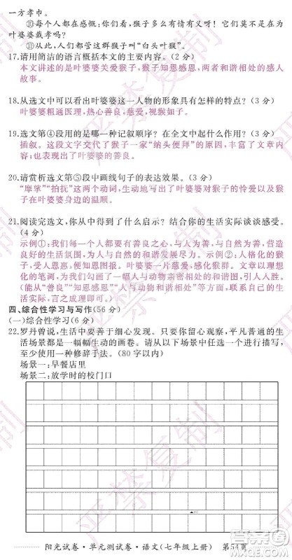 江西高校出版社2019阳光试卷单元测试卷七年级语文上册人教版答案