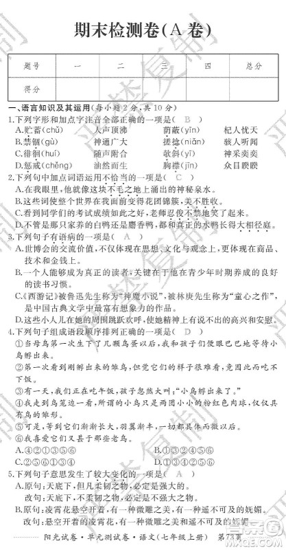 江西高校出版社2019阳光试卷单元测试卷七年级语文上册人教版答案