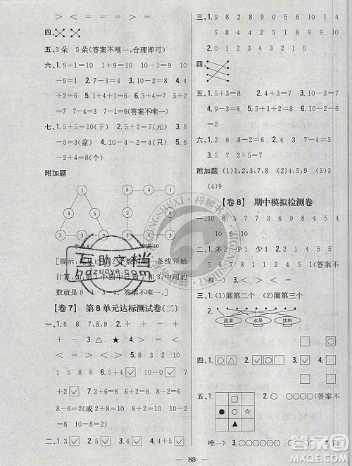2019年小学教材完全考卷一年级数学上册江苏版答案 2019年小学教材完全考卷一年级数学上册江苏版答案