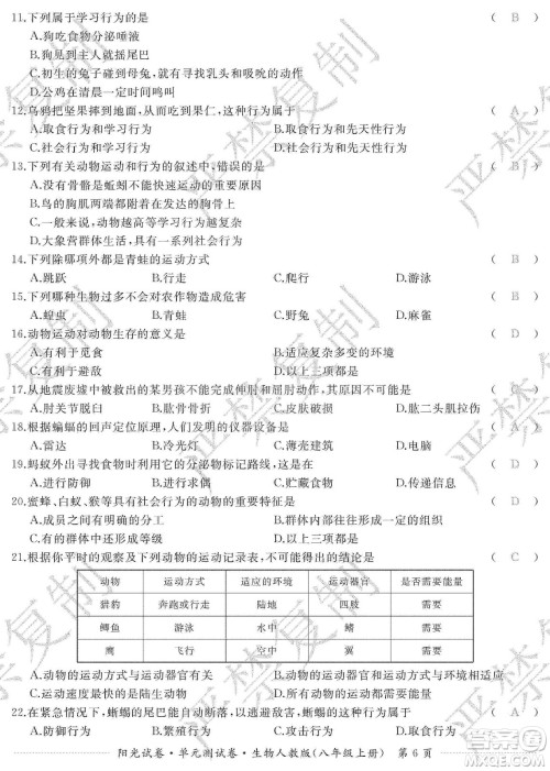 江西高校出版社2019阳光试卷单元测试卷八年级生物上册人教版答案