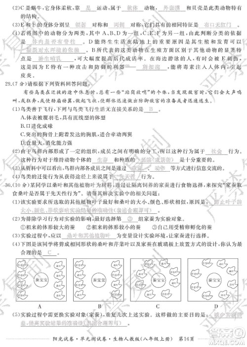 江西高校出版社2019阳光试卷单元测试卷八年级生物上册人教版答案