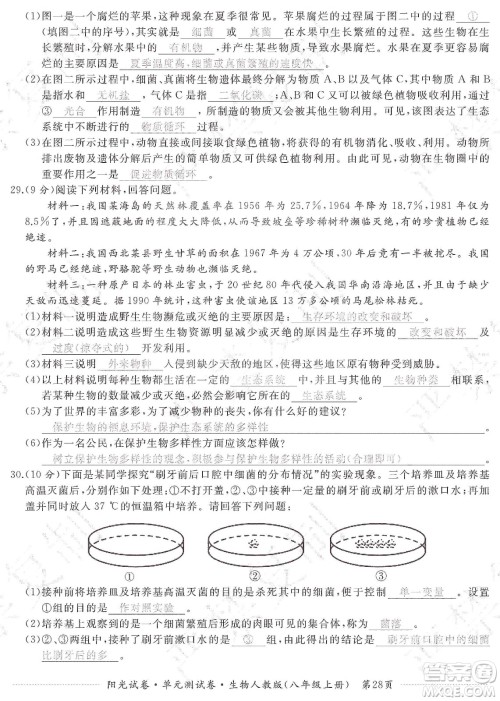 江西高校出版社2019阳光试卷单元测试卷八年级生物上册人教版答案