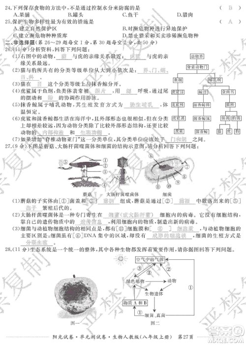 江西高校出版社2019阳光试卷单元测试卷八年级生物上册人教版答案