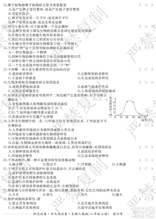 江西高校出版社2019阳光试卷单元测试卷八年级生物上册人教版答案