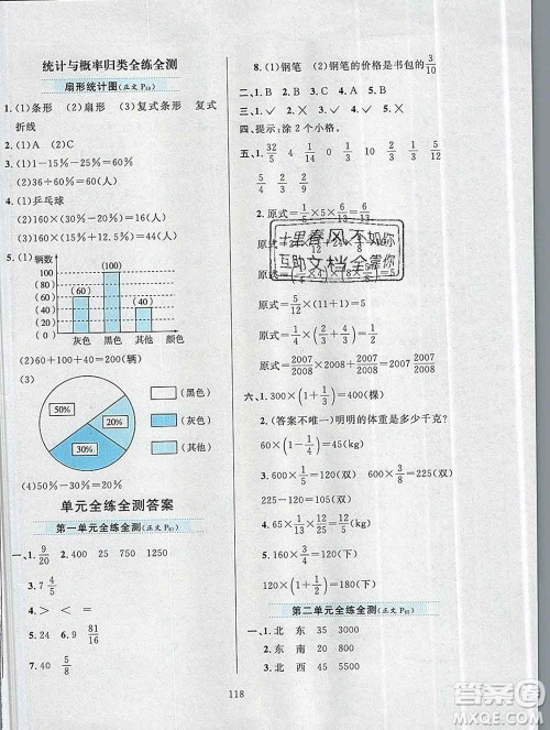 陕西人民教育出版社2019年小学教材全练六年级数学上册人教版答案
