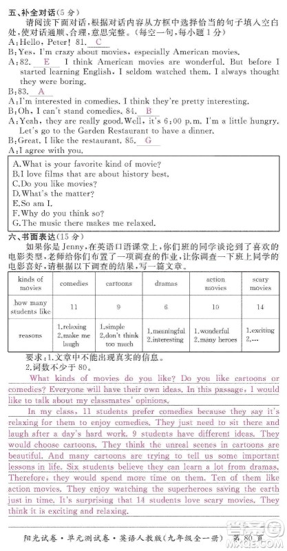 江西高校出版社2019阳光试卷单元测试卷九年级英语全一册人教版答案