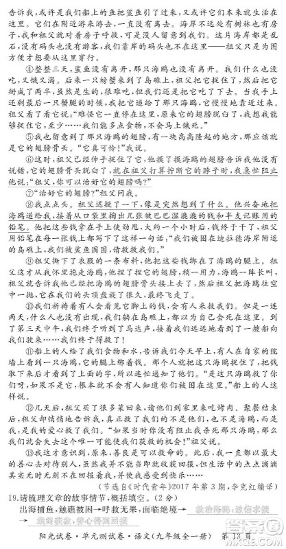 江西高校出版社2019阳光试卷单元测试卷九年级语文全一册人教版答案 江西高校出版社2019阳光试卷单元测试卷九年级语文全一册人教版答案