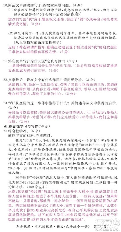 江西高校出版社2019阳光试卷单元测试卷九年级语文全一册人教版答案