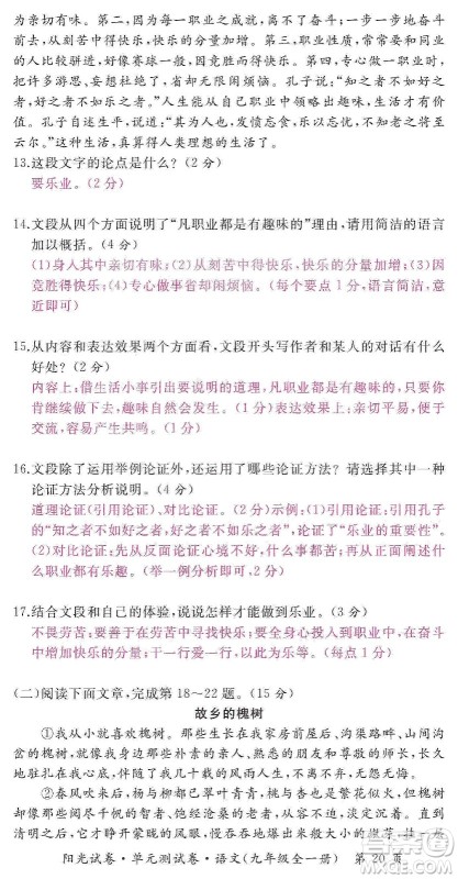 江西高校出版社2019阳光试卷单元测试卷九年级语文全一册人教版答案