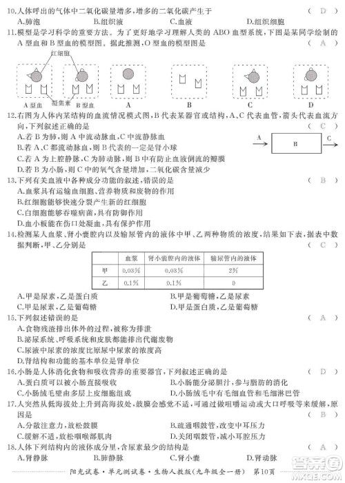 江西高校出版社2019阳光试卷单元测试卷九年级生物全一册人教版答案