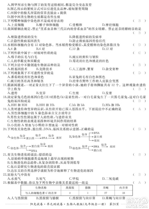 江西高校出版社2019阳光试卷单元测试卷九年级生物全一册人教版答案