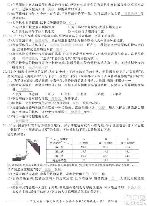 江西高校出版社2019阳光试卷单元测试卷九年级生物全一册人教版答案