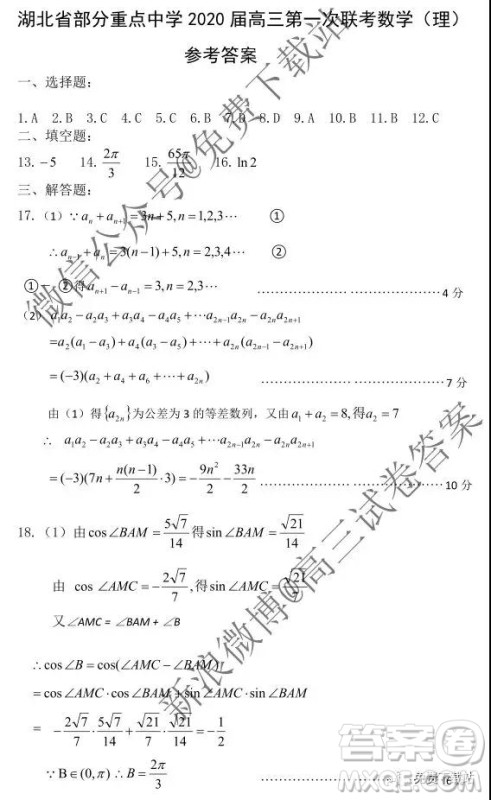 湖北部分重点中学2020届高三第一次大联考理科数学试题及答案