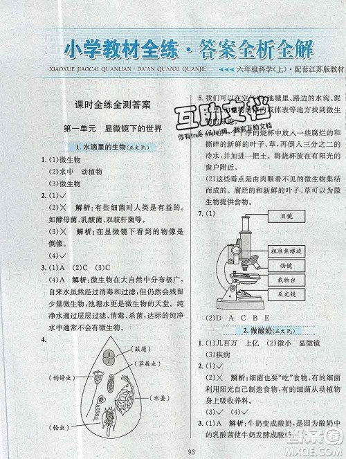 陕西人民教育出版社2019年小学教材全练六年级科学上册江苏版答案