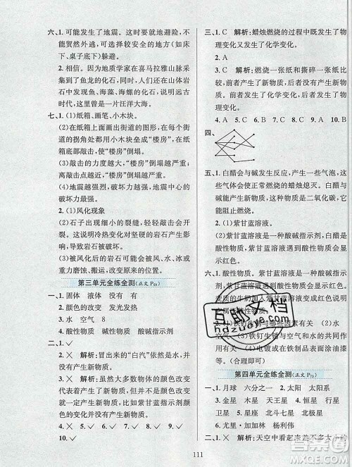 陕西人民教育出版社2019年小学教材全练六年级科学上册江苏版答案
