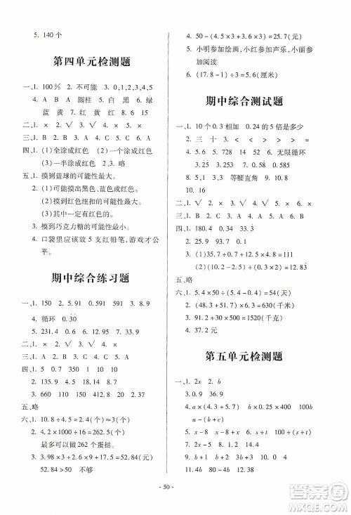 2019一课三练单元测试数学五年级上册答案