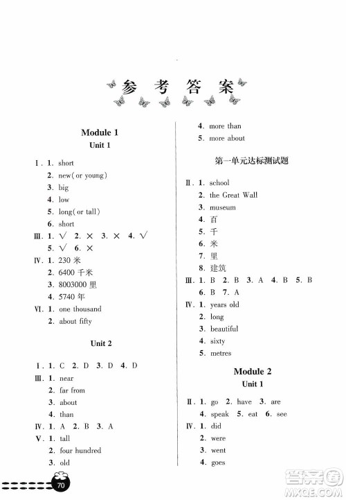 青岛出版社2019金博士1课3练单元达标测试题六年级英语上册外研版答案