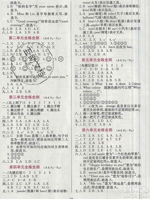 陕西人民教育出版社2019年小学教材全练三年级英语上册人教精通版三起答案