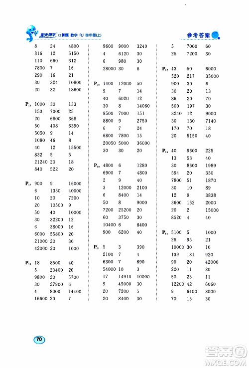 2019年阳光同学口算题数学四年级上册RJ人教版参考答案