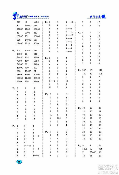 2019年阳光同学口算题数学四年级上册RJ人教版参考答案