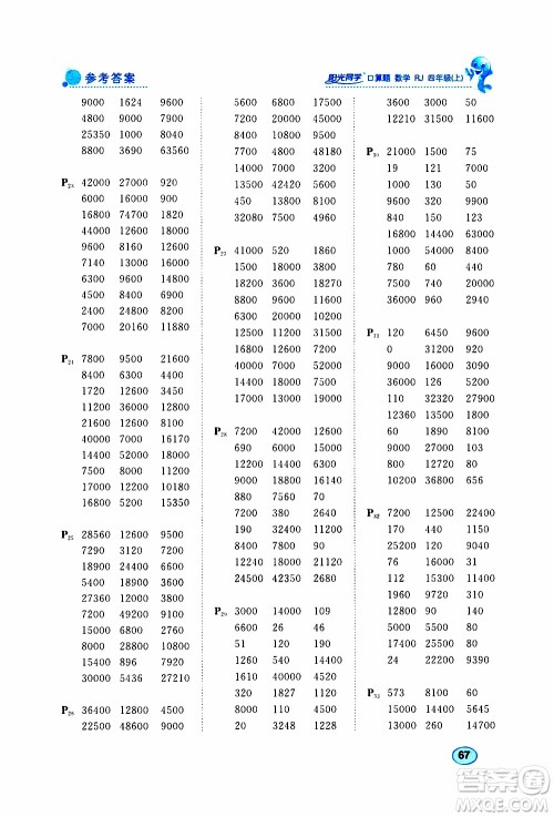 2019年阳光同学口算题数学四年级上册RJ人教版参考答案