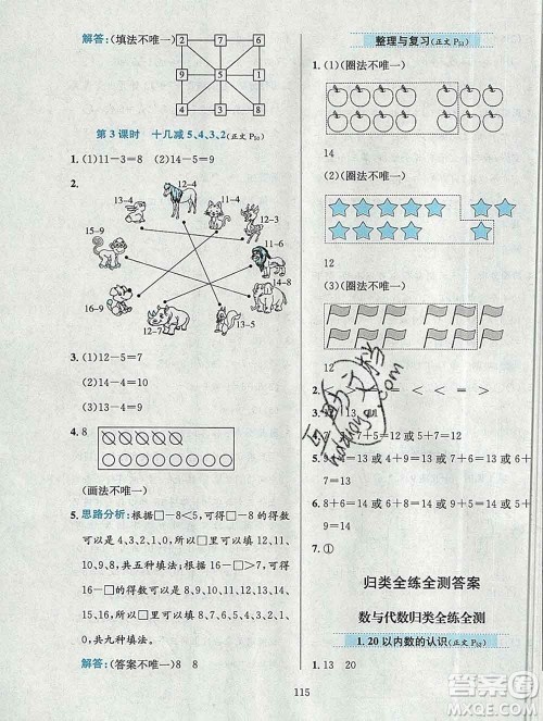 陕西人民教育出版社2019年小学教材全练一年级数学上册北京版答案 陕西人民教育出版社2019年小学教材全练一年级数学上册北京版答案