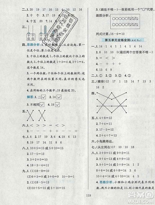 陕西人民教育出版社2019年小学教材全练一年级数学上册西师版答案 陕西人民教育出版社2019年小学教材全练一年级数学上册西师版答案