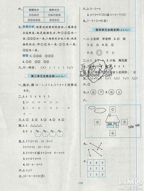 陕西人民教育出版社2019年小学教材全练一年级数学上册青岛版六三制答案